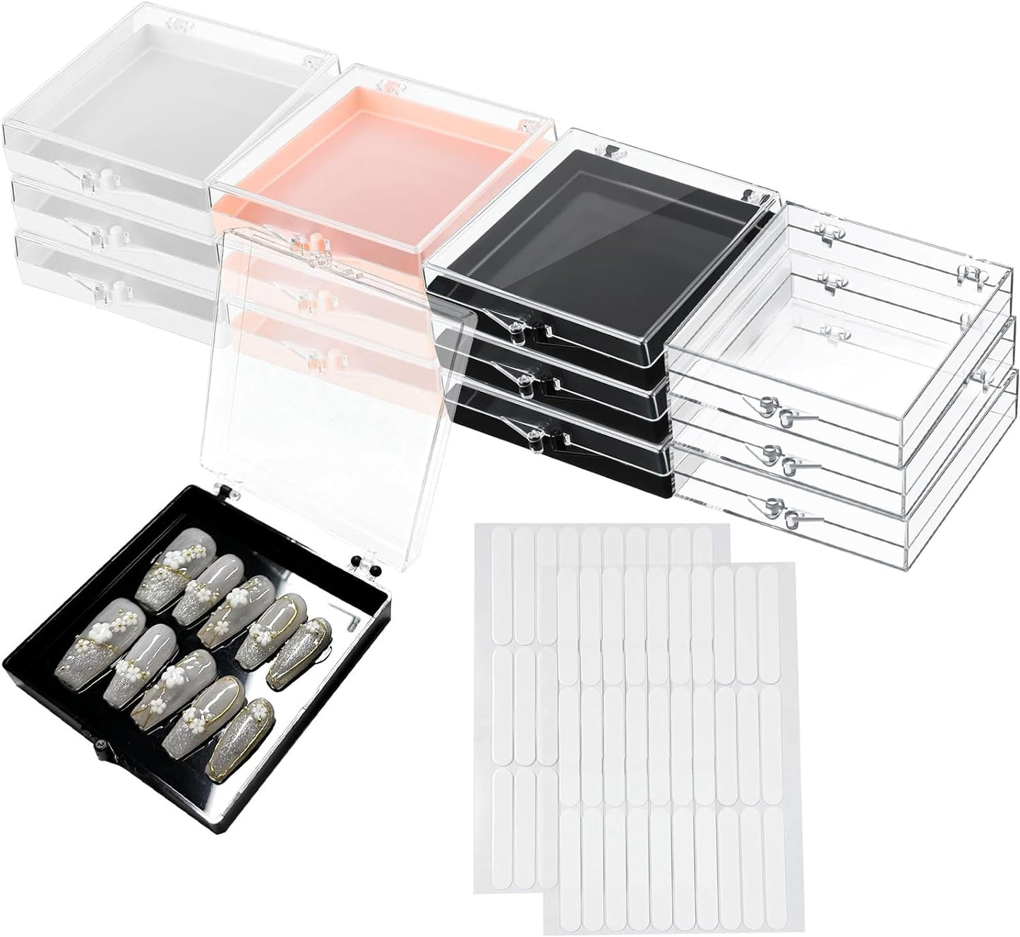 12 Pcs Press on Nail Storage Box Nails Packaging Box Acrylic Fake Nail Display Case Artificial False Nail Box Organizer Nail Case with 60 Pcs Adhesive Double Sided Tape for Nail Art Home Salon Use