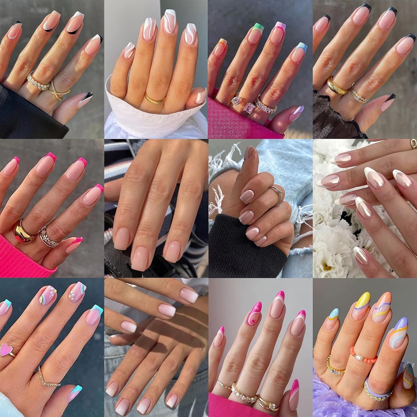 12 Pack 288Pcs Press on Nails - OPkssnails Press on Nails Medium French Tip Fake Nails Almond Short Square with Nail Glue on Nails Kit Adhesive Tabs for Girl