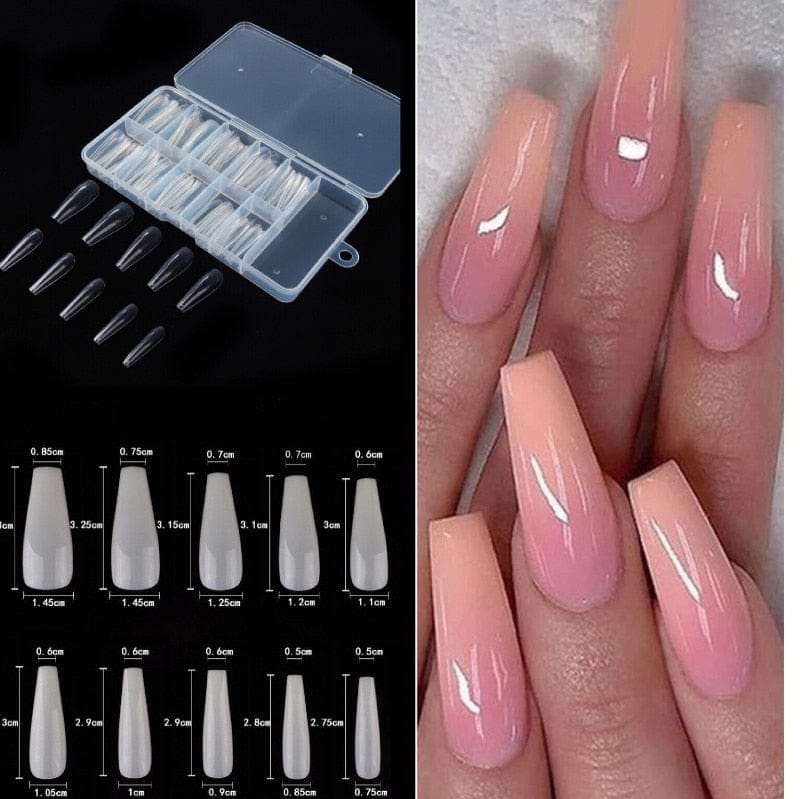 100 Pcs/Box UV Gel Full Cover Acrylic Clear and Natural Coffin Nails