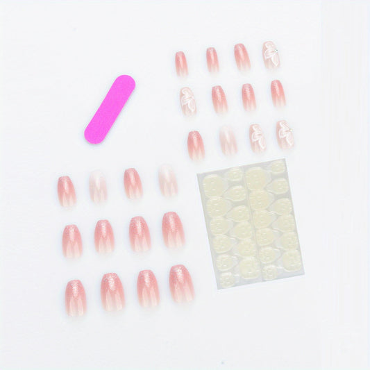 24pcs Glossy Pink and White French Tip Butterfly Press On Nails with Glitter Powder - Full Cover Acrylic Nails for Women