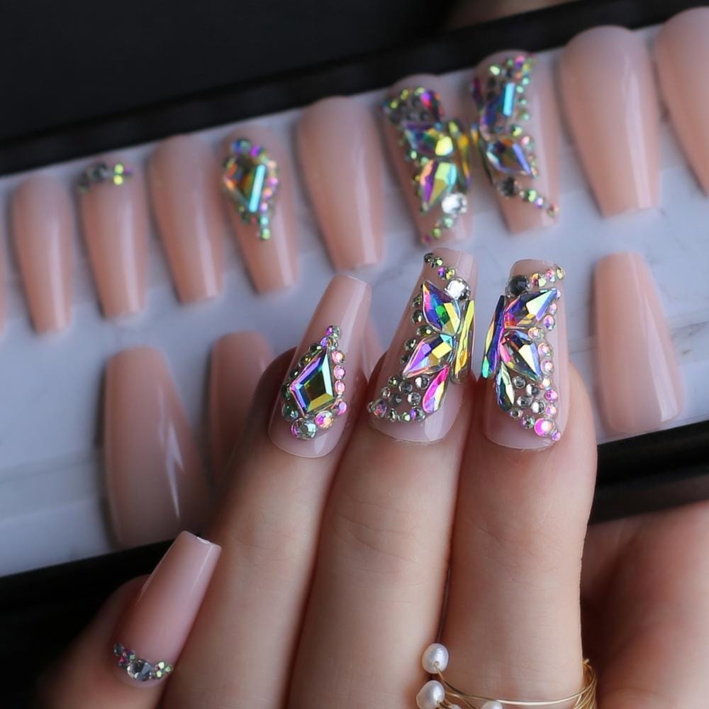 24 Pcs Butterfly Crystal Luxury Coffin Nude Press On Nails
