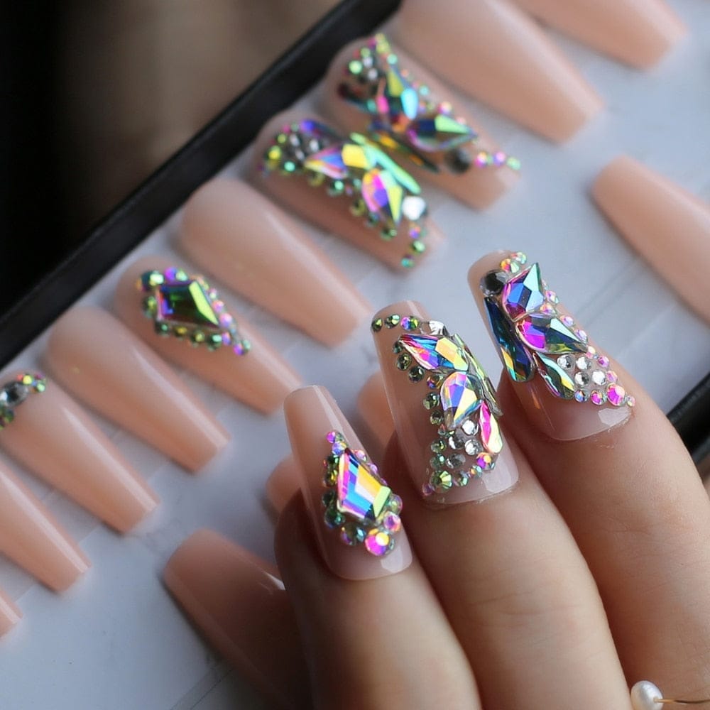 24 Pcs Butterfly Crystal Luxury Coffin Nude Press On Nails