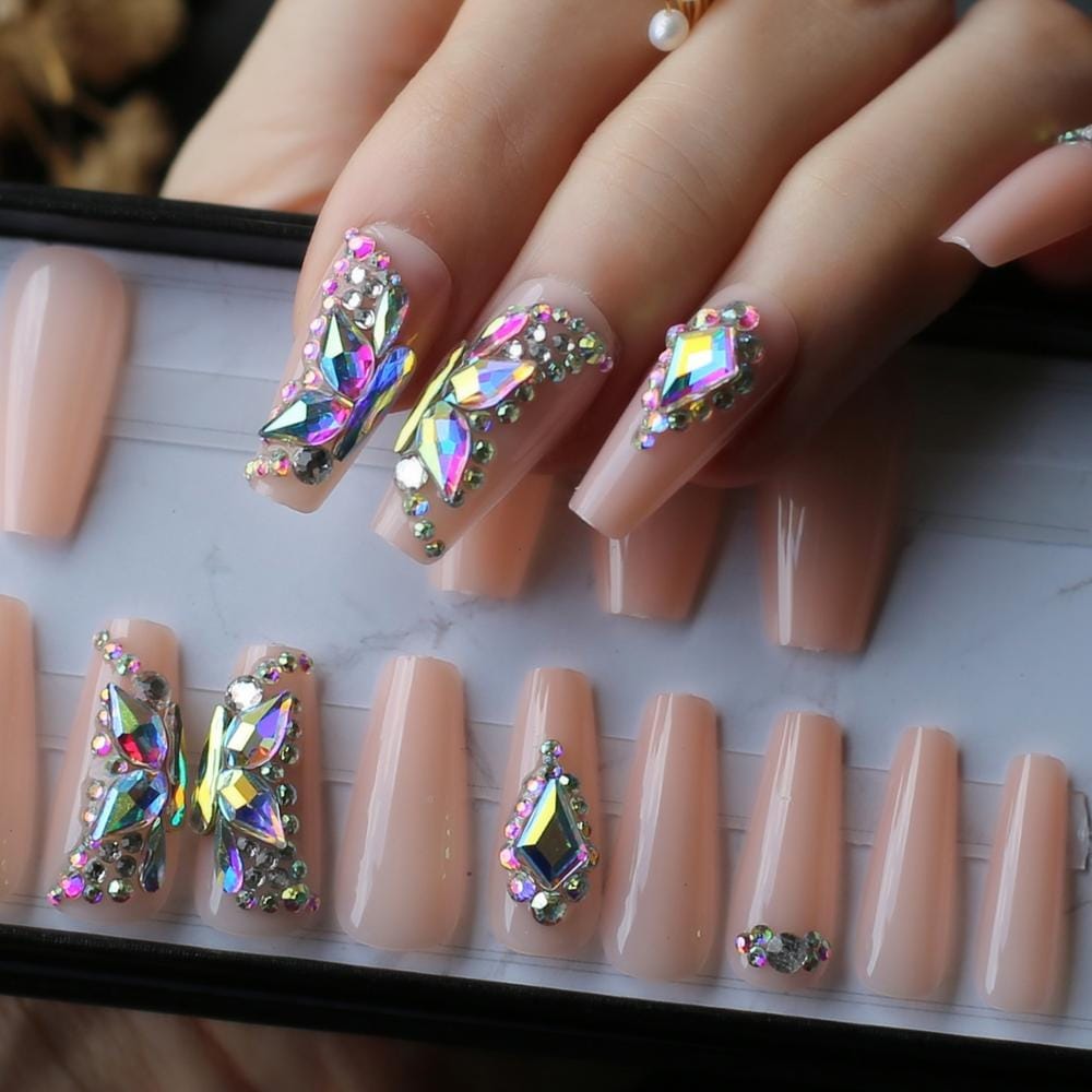 24 Pcs Butterfly Crystal Luxury Coffin Nude Press On Nails