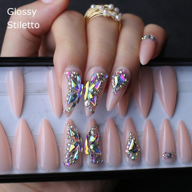 24 Pcs Butterfly Crystal Luxury Coffin Nude Press On Nails