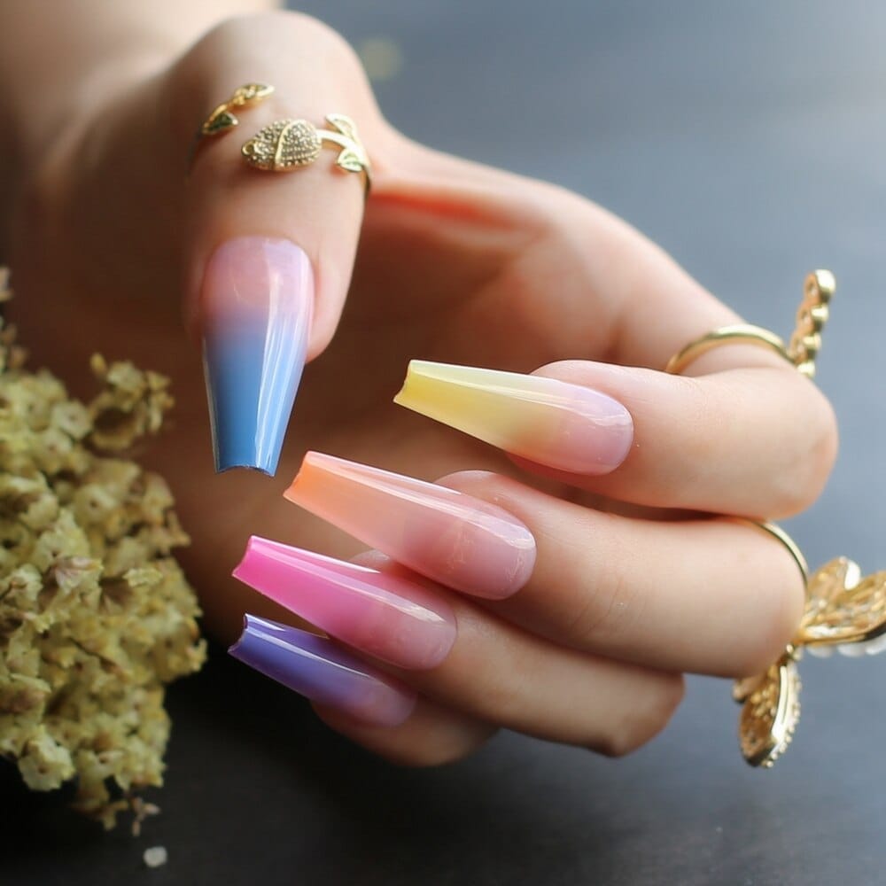 24 Pcs Extra Rainbow nails long coffin Ombre fake nail luxury coffin  false nails