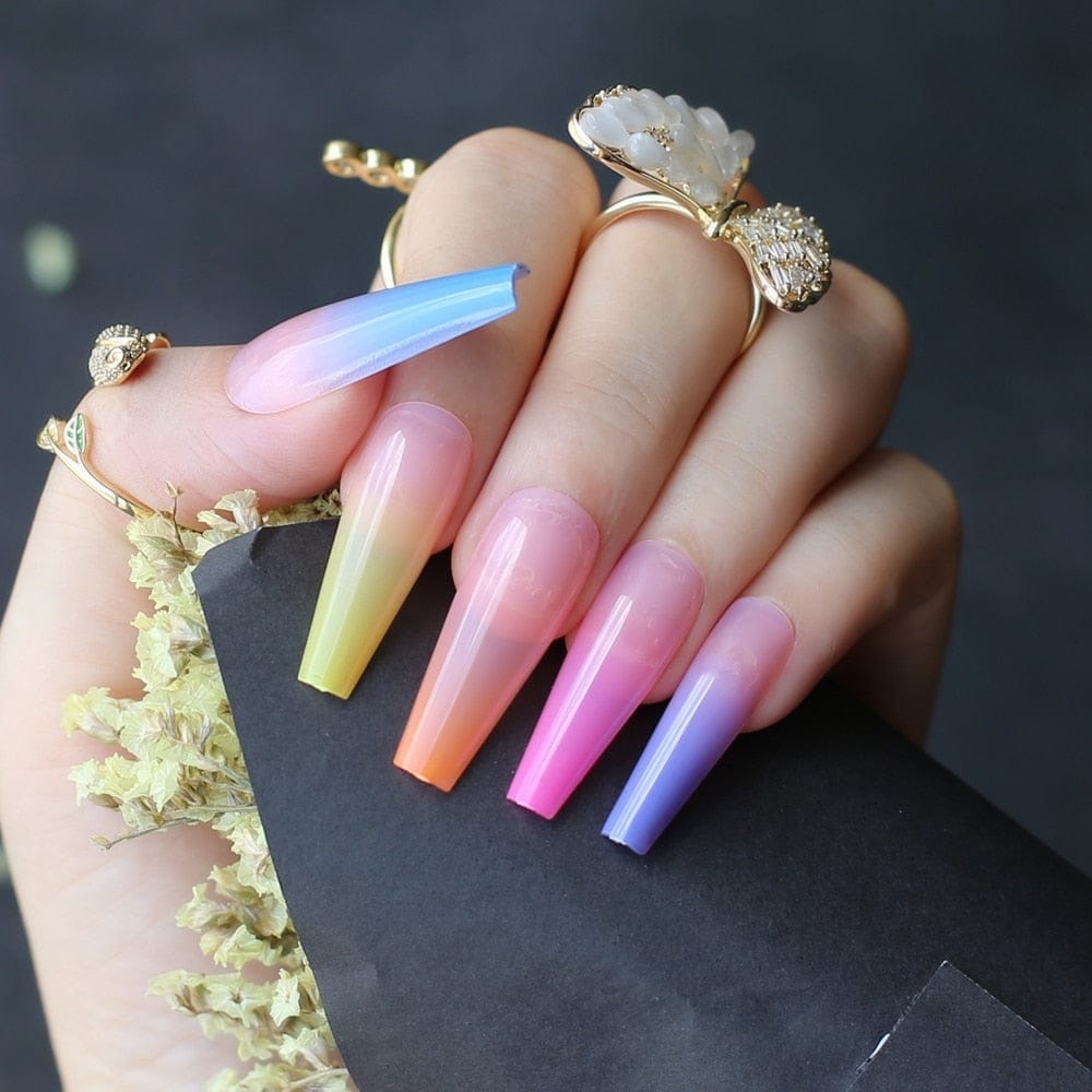 24 Pcs Extra Rainbow nails long coffin Ombre fake nail luxury coffin  false nails