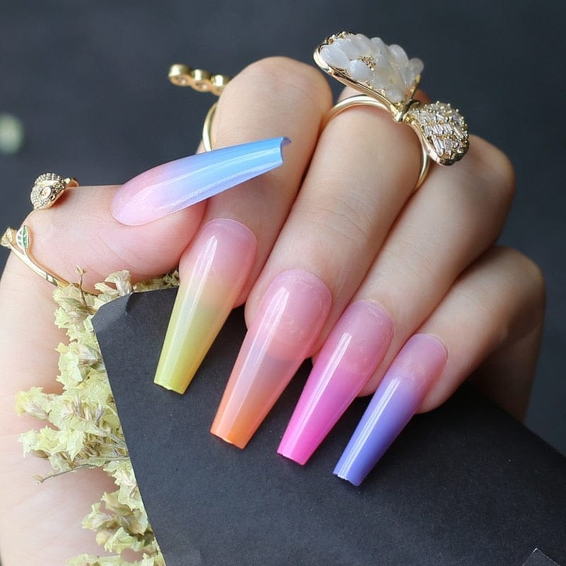 24 Pcs Extra Rainbow nails long coffin Ombre fake nail luxury coffin  false nails