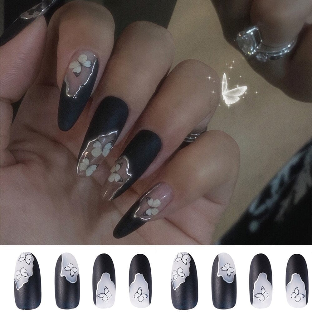 24PCS Fake Nails With Glue Rhinestones