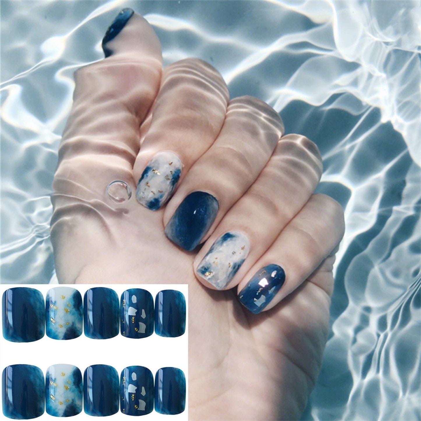 24PCS Fake Nails With Glue Rhinestones