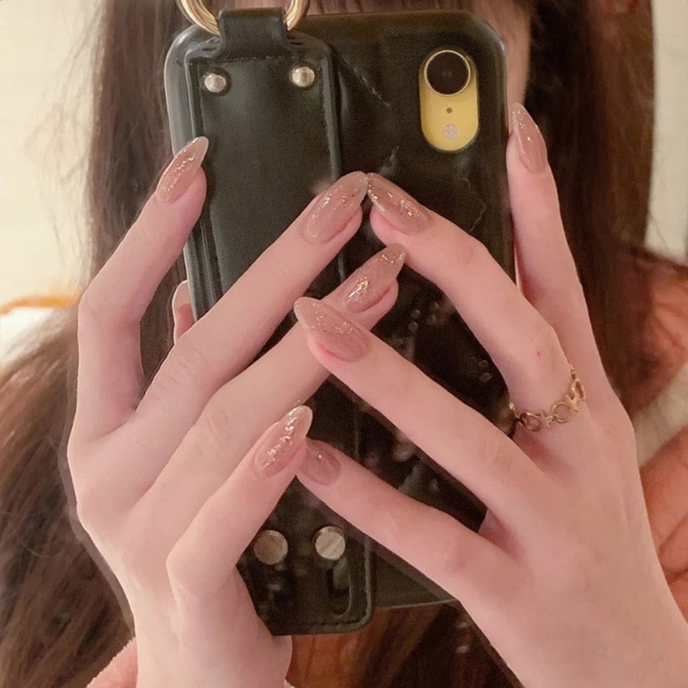 24PCS Fake Nails With Glue Rhinestones