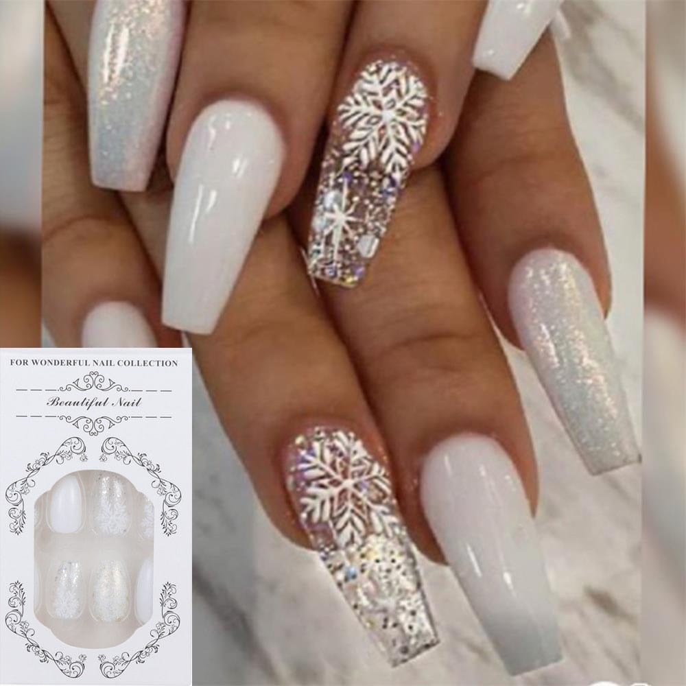 24PCS Fake Nails With Glue Rhinestones