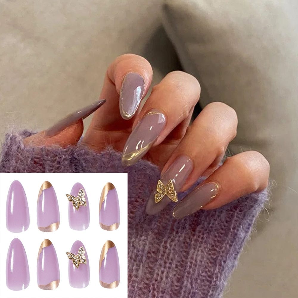 24PCS Fake Nails With Glue Rhinestones