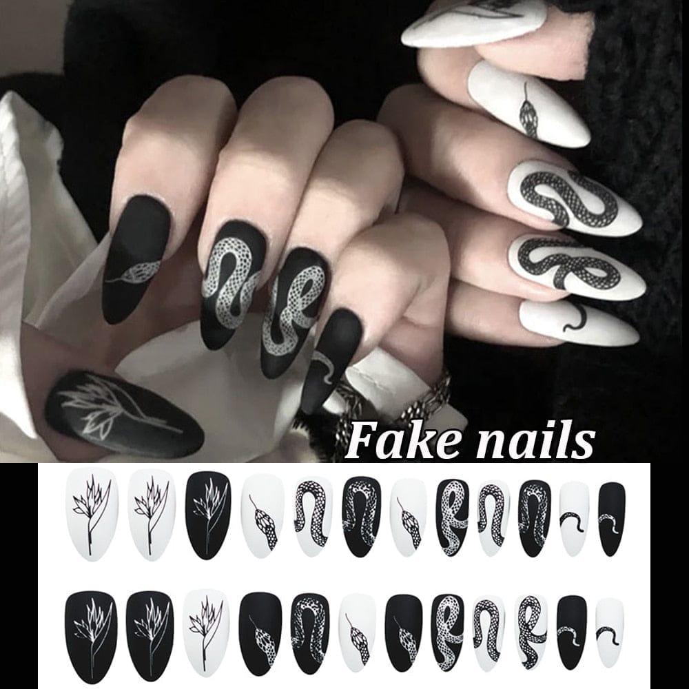 24PCS Fake Nails With Glue Rhinestones