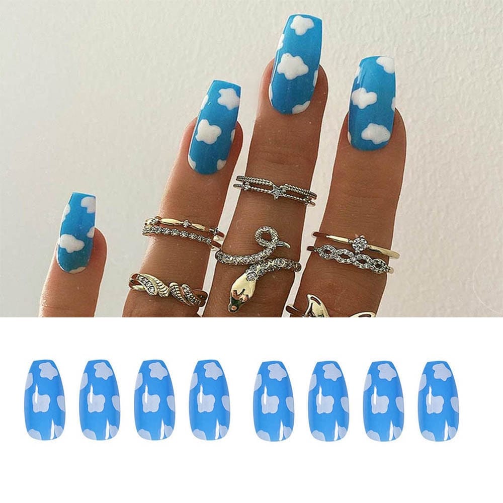 24PCS Fake Nails With Glue Rhinestones