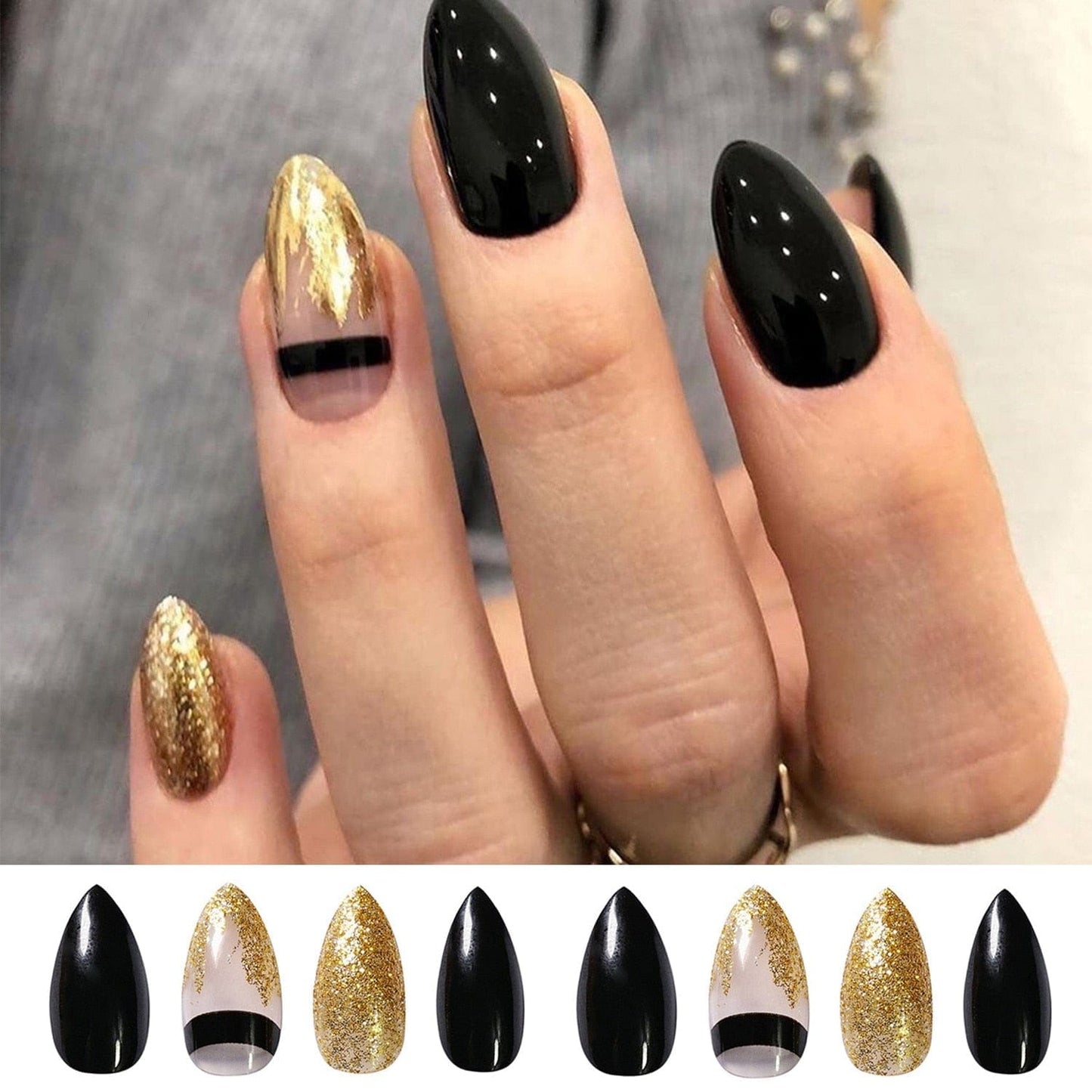 24PCS Fake Nails With Glue Rhinestones