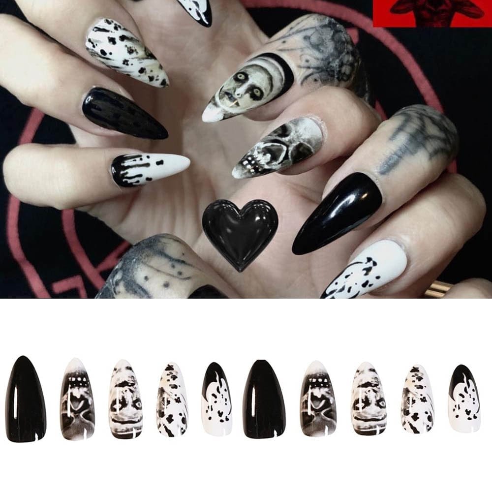 24PCS Fake Nails With Glue Rhinestones