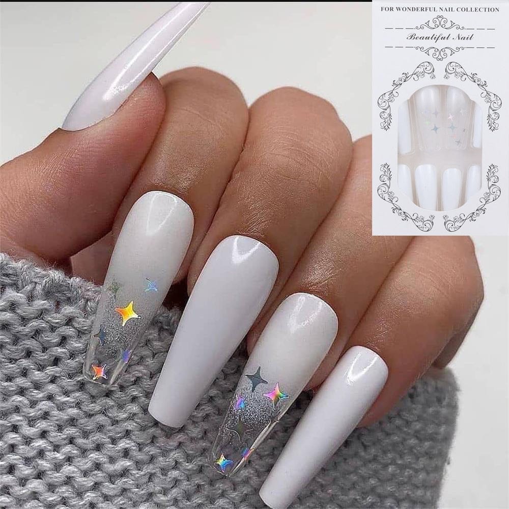 24PCS Fake Nails With Glue Rhinestones
