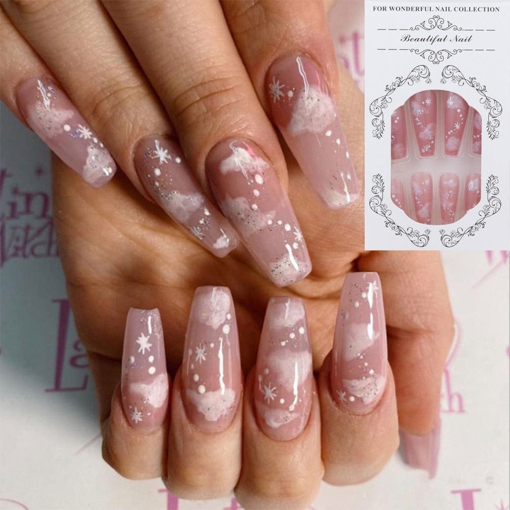 24PCS Fake Nails With Glue Rhinestones