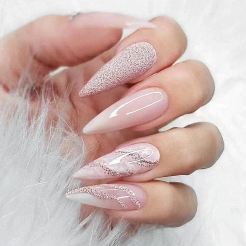 24pcs Long Stiletto Wearable French Fake Nails
