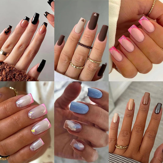 6 Packs (144 Pcs) Press on Nail French Short Fake Nail Almond Medium Nails Set with Adhesive Tabs Nail File for Women