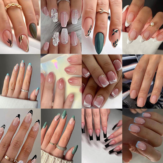 12 Packs 288 Pcs Press on Nails Medium and Short- OPkssnails Black White French Tip Press on Nails, Reusable Glue on Nails,Short Fake Nails With Reusable Adhesive Tabs Nail File for Women