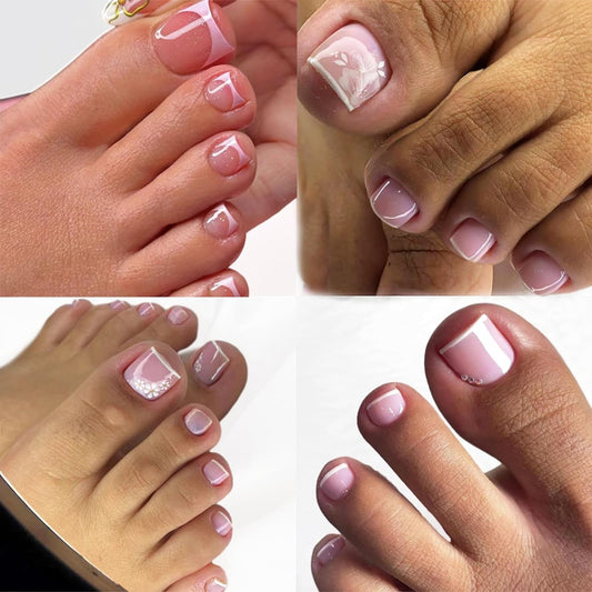 4 Set (96 Pcs) Press on Toenails Short Square Fake Nails Pink Acrylic Glossy False Toes Nails with Flower Pearl Charm White French Tips Designs Summer Artificial Nails Glue on Nails for Women & Girls
