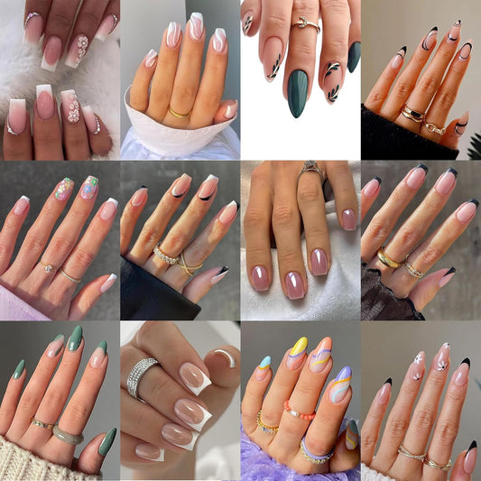 12packs(288Pcs) Press on Nails - OPkssnails French Tip Press on Nails Short Almond And Square Medium Nails,Reusable Press On Nails Kit with Nail Glue for Women