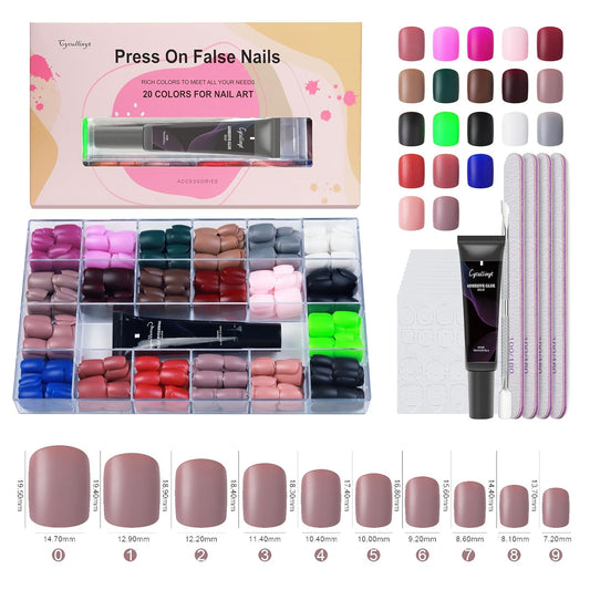 960pcs 21 Packs Short Press On Nails Solid Colors Acrylic Fake Nails Full Cover with Matte Glue 20 Colors(10 Sizes Every Color) False Nail for Nail Art DIY Salon (Square nail)
