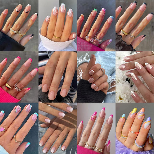 12 Pack 288Pcs Press on Nails - OPkssnails Press on Nails Medium French Tip Fake Nails Almond Short Square with Nail Glue on Nails Kit Adhesive Tabs for Girl