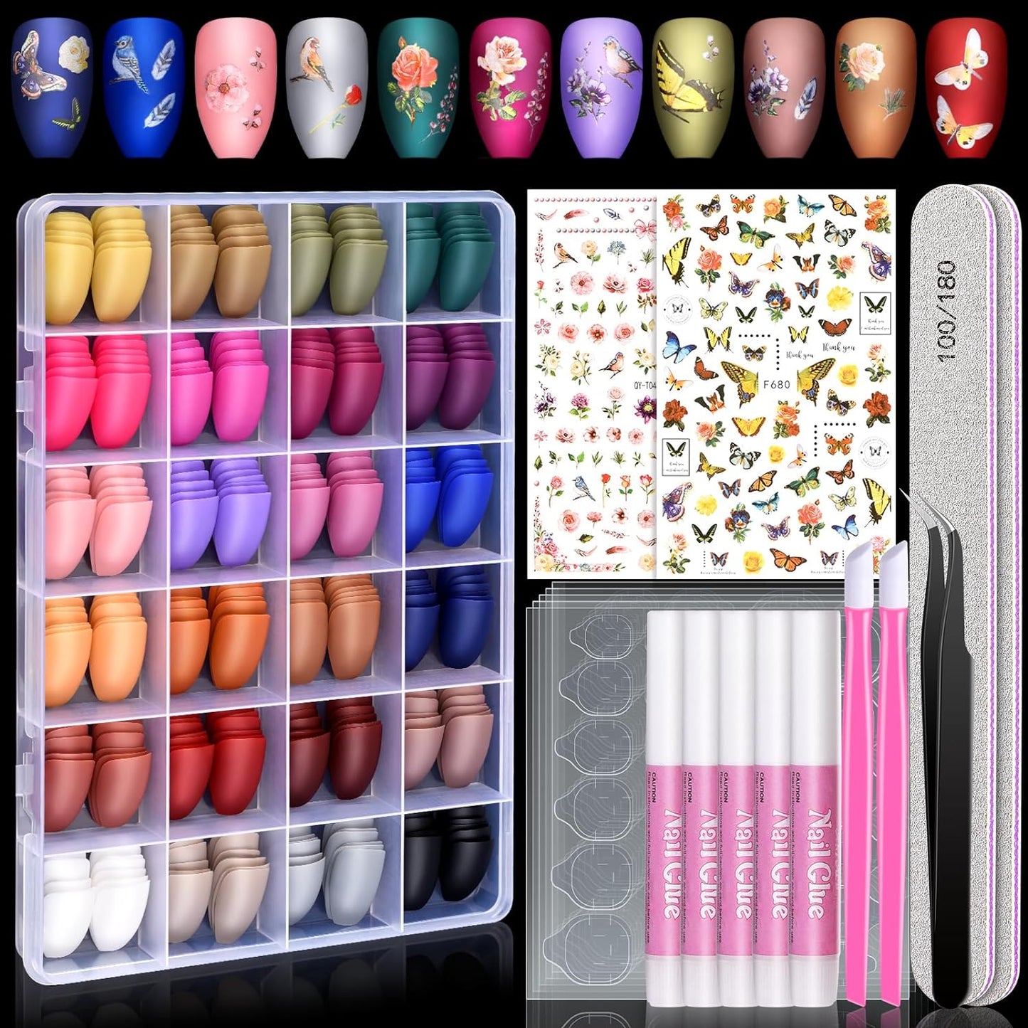 24Pack Coffin Fake Press On Nails With Glue,TsMADDTs Medium Acrylic Nail Kit With 720PCS Short Press On Nails,Nail Adhesive Tabs, Nail Files for Nail Art DIY