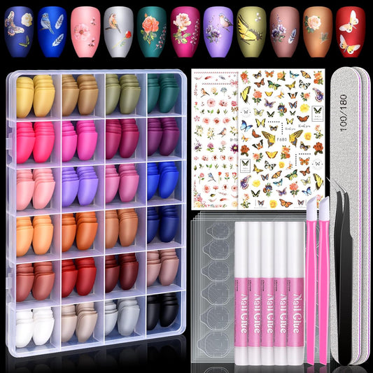 24Pack Coffin Fake Press On Nails With Glue,TsMADDTs Medium Acrylic Nail Kit With 720PCS Short Press On Nails,Nail Adhesive Tabs, Nail Files for Nail Art DIY