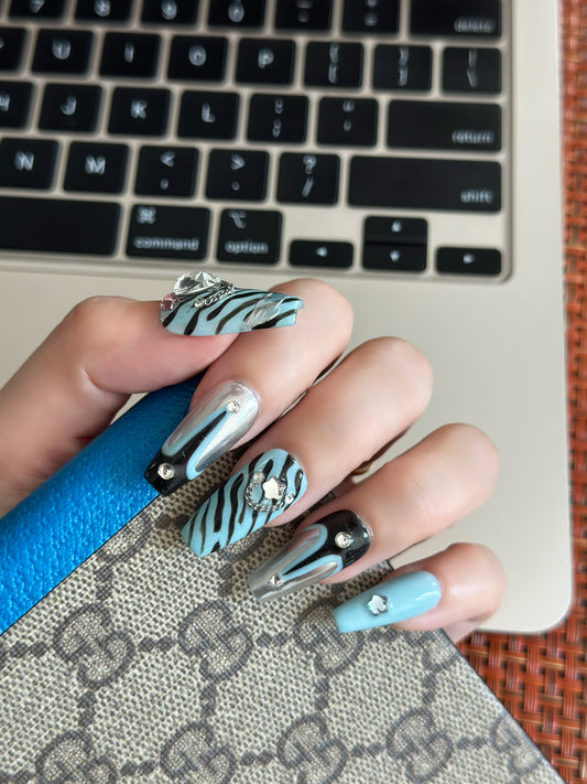 Y-Blossom press on nails handmade Y2K blue BB